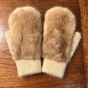 Real Mink Fur and Knit Mittens in shades of light brown/tan